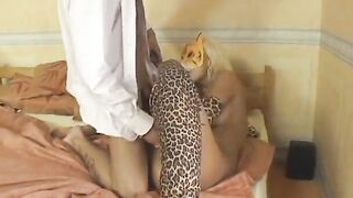 Passionate blonde into leopard costume pounces on penis