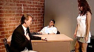 Natural boobs red haired whore seduces men on the office table