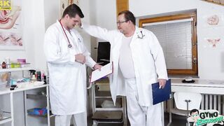 Young blonde Cayla Lyons examined and made to cum by two docs