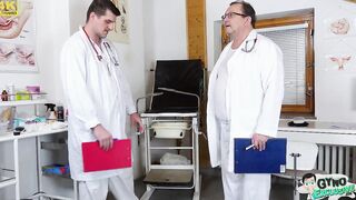 Young blonde Cayla Lyons examined and made to cum by two docs