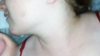 I cum on her face and the sperm flows down her cheek
