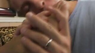 Feet fetishist strokes penis against big titted ethnic Women's toes