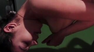 Ebony dyke licks her friend’s bald vagina into locker room