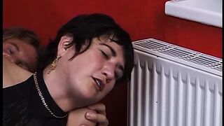 Old dark haired blows penis of blonde male before ride him