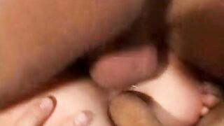 2 dudes pillage slender foxy blond's holes on the couch