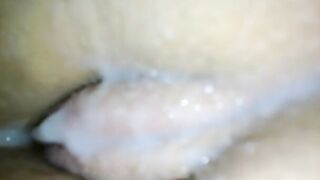 Cum on unshaved cunt from behind