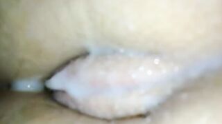 Cum on unshaved cunt from behind