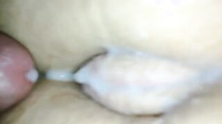 Cum on unshaved cunt from behind