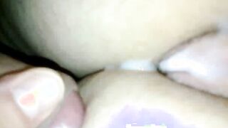Cum on unshaved cunt from behind