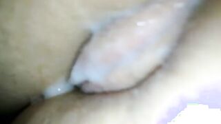 Cum on unshaved cunt from behind