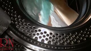The maid washes her underwear. one