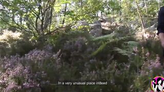 Cheeky Dark Haired gets gang bang by three dicks inside the forest