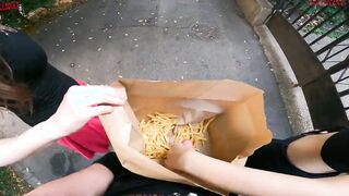 Outdoor double hand job inside the fries bag... I'm jerkin'it!
