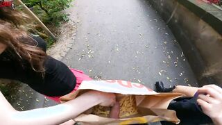 Outdoor double hand job inside the fries bag... I'm jerkin'it!