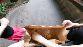 Outdoor double hand job inside the fries bag... I'm jerkin'it!