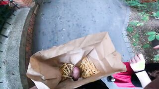 Outdoor double hand job inside the fries bag... I'm jerkin'it!