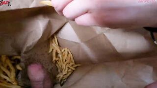 Outdoor double hand job inside the fries bag... I'm jerkin'it!