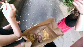 Outdoor double hand job inside the fries bag... I'm jerkin'it!