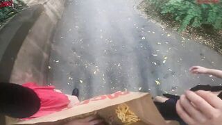 Outdoor double hand job inside the fries bag... I'm jerkin'it!