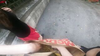 Outdoor double hand job inside the fries bag... I'm jerkin'it!