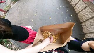 Outdoor double hand job inside the fries bag... I'm jerkin'it!