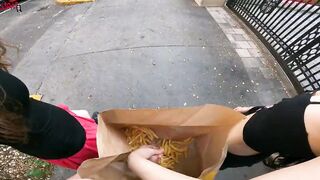 Outdoor double hand job inside the fries bag... I'm jerkin'it!