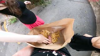 Outdoor double hand job inside the fries bag... I'm jerkin'it!