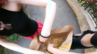 Outdoor double hand job inside the fries bag... I'm jerkin'it!
