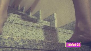 Desperate pee into shorts and lingerie on the stairs