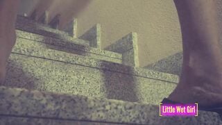 Desperate pee into shorts and lingerie on the stairs