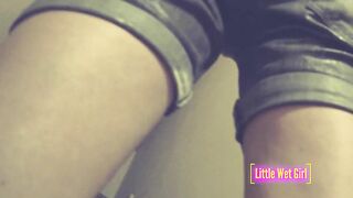 Desperate pee into shorts and lingerie on the stairs