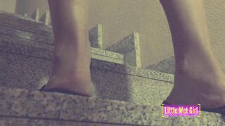 Desperate pee into shorts and lingerie on the stairs
