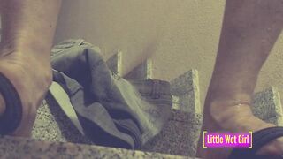 Desperate pee into shorts and lingerie on the stairs