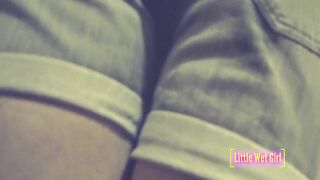 Desperate pee into shorts and lingerie on the stairs