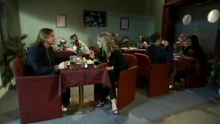 Blond skank is nude and rides a penis inside restaurant
