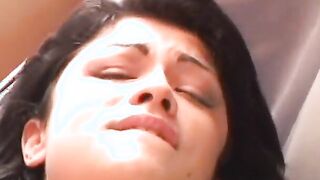 Freaky hispanic gets both holes banged into three-way on the sofa