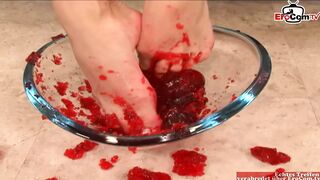 Dark Haired Teenagers play with her toes and gets a cummed on it