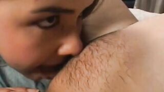 Older woman spreads young cunt with mouth on the bed