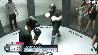 Chubby dark haired hoe with huge boobies fucks with a fighter