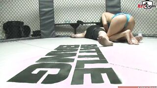 Bushy dark haired 18 yo with natural boobs fuck inside the boxing r