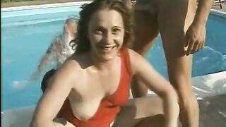 Dishrag fuckslut degrade by 4 penises by the pool