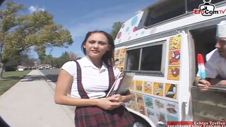 Dark Hair slim school girl Teenie with tiny breasts has vehicle sex