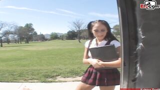 Dark Hair slim school girl Teenie with tiny breasts has vehicle sex