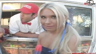 2 thin young college girls into a FFM threesome inside a vehicle