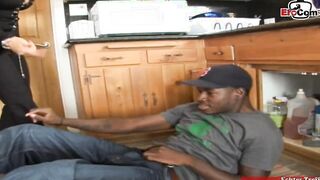 African haired Cougar seduces the african bro for kitchen Sex
