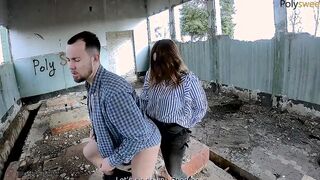 Draws graffiti, blows and fucks with a strap-on on an abandon