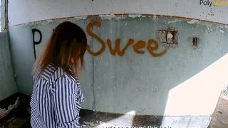 Draws graffiti, blows and fucks with a strap-on on an abandon