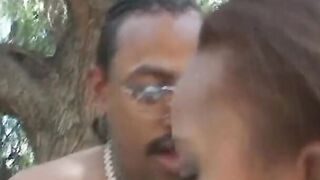 Vulgar stud gets his cock blown then bangs sexy outside