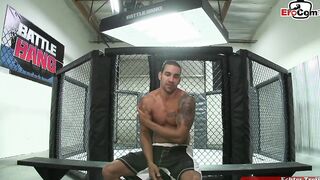 Slender inked blonde with tiny hooters fucks into a boxingring