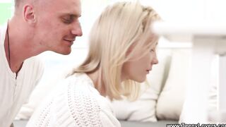 Teeny Couple - Thin teenagers Polly White nailed on her side